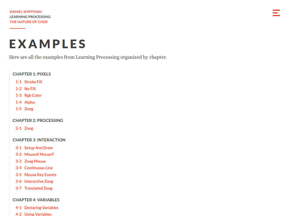 Interactive examples from Daniel Shiffman's book Learning Processing website screenshot