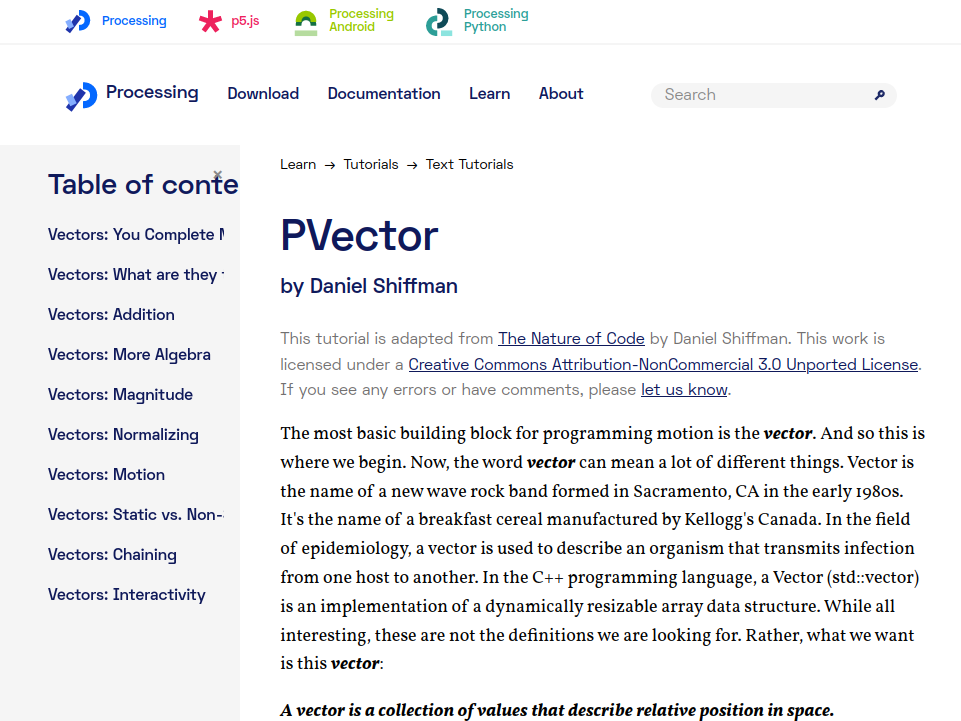PVector tutorial website screenshot