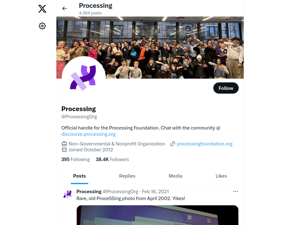 Processing on X (Twitter), retweets cool art and projects programmed in Processing website screenshot