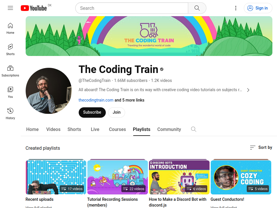 The Coding Train (Daniel Shiffman): Learning Processing from the ground up, YouTube tutorials website screenshot