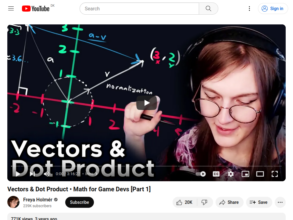 Vectors & Dot Product • Math for Game Devs [Part 1] on YouTube website screenshot
